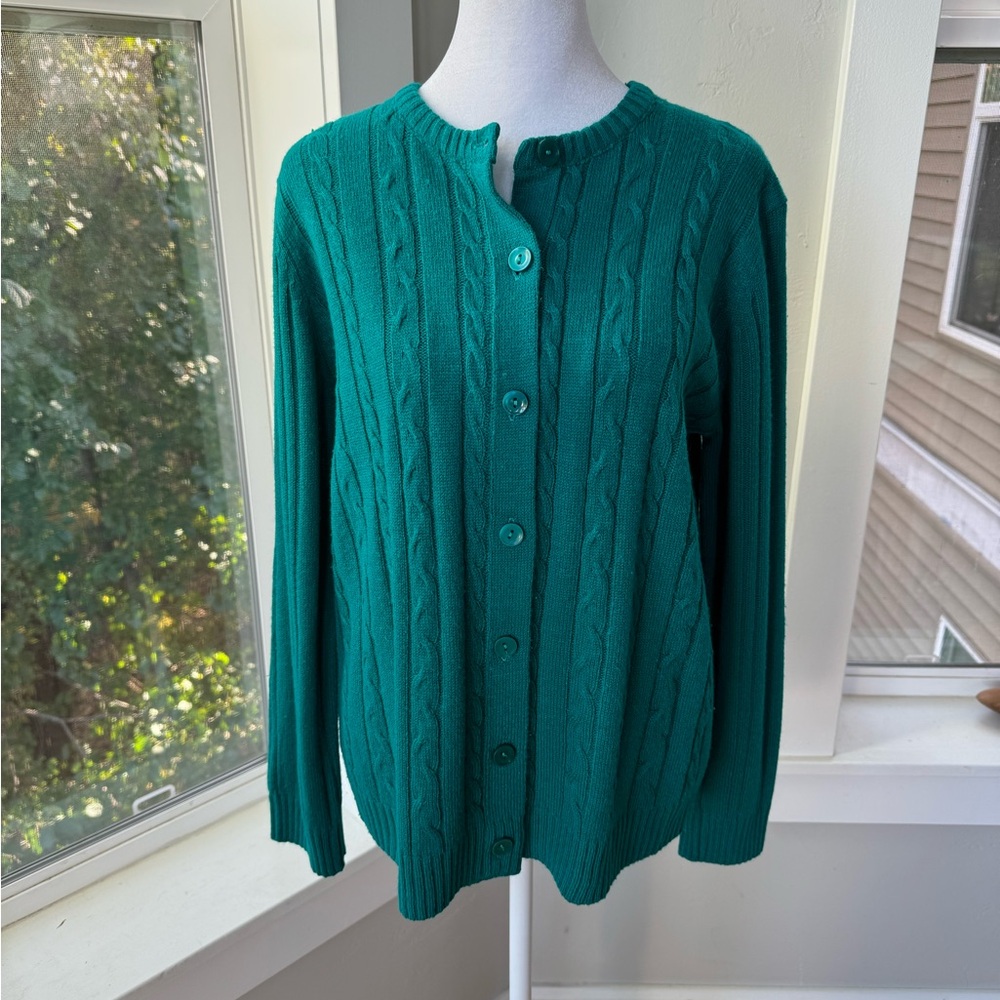 Vintage Sara Morgan Teal Cable Knit Cardigan Sweater Size Medium